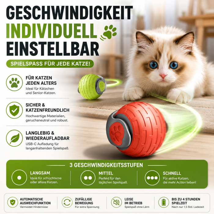 Interaktiver Elektrischer Katzenball – Automatisches Rollspielzeug für Katzen & Kätzchen | USB-aufladbar, leise & bissfest