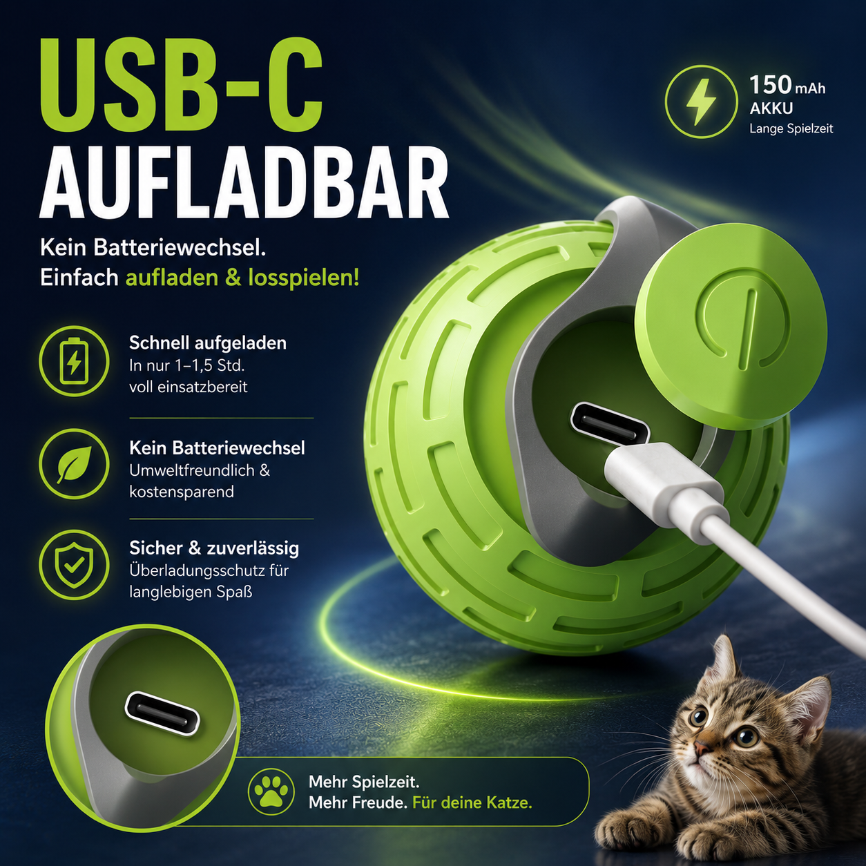 Interaktiver Elektrischer Katzenball – Automatisches Rollspielzeug für Katzen & Kätzchen | USB-aufladbar, leise & bissfest