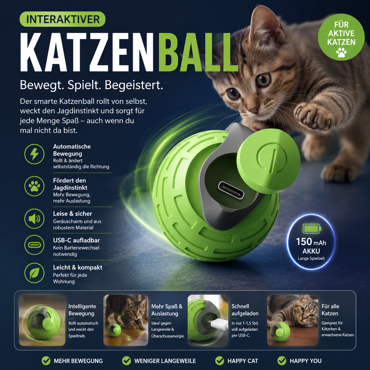 Interaktiver Elektrischer Katzenball – Automatisches Rollspielzeug für Katzen & Kätzchen | USB-aufladbar, leise & bissfest